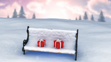 Animation-Von-Schnee,-Der-über-Zwei-Weihnachtsgeschenke-Auf-Einer-Schneebedeckten-Bank-In-Einer-Winterlandschaft-Fällt