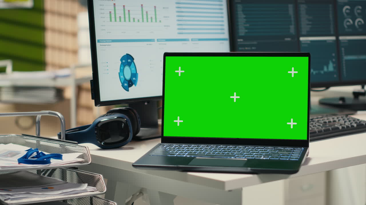 Empty office environment showcases modern tools of chroma key and resources