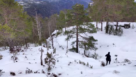 Chica-Caminando-Cuesta-Abajo-En-La-Naturaleza-Con-Nieve-Y-Una-Vista-Al-Fondo