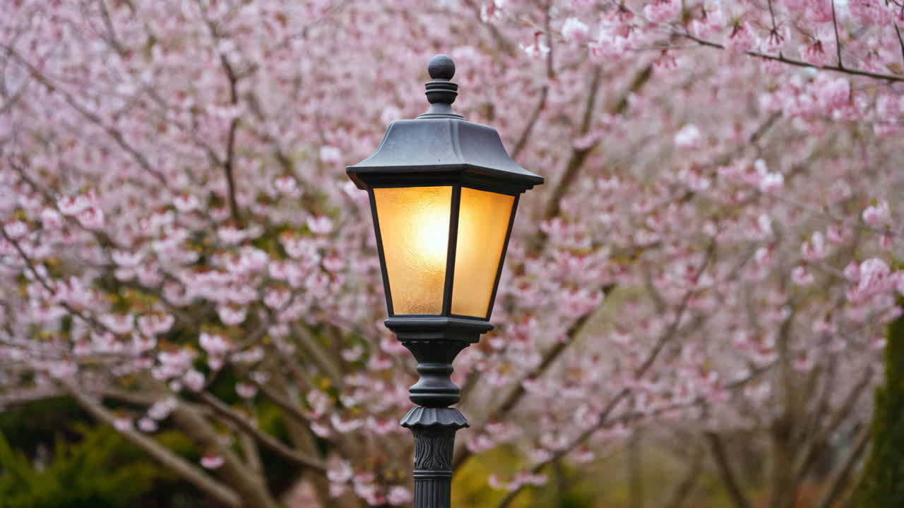 Lit lamp post with cherry blossoms in bloom