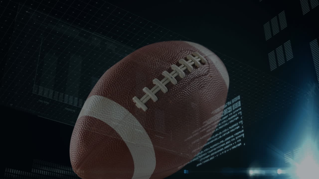 Animazione di un pallone da football americano su elaborazione dati su sfondo nero