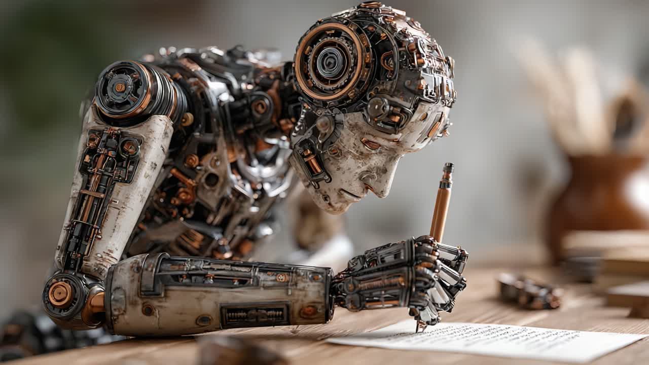 Una meticolosa figura robotica si dedica all'arte della scrittura su un foglio di carta, mostrando intricati dettagli meccanici e la fusione di tecnologia e creatività in un ambiente sereno