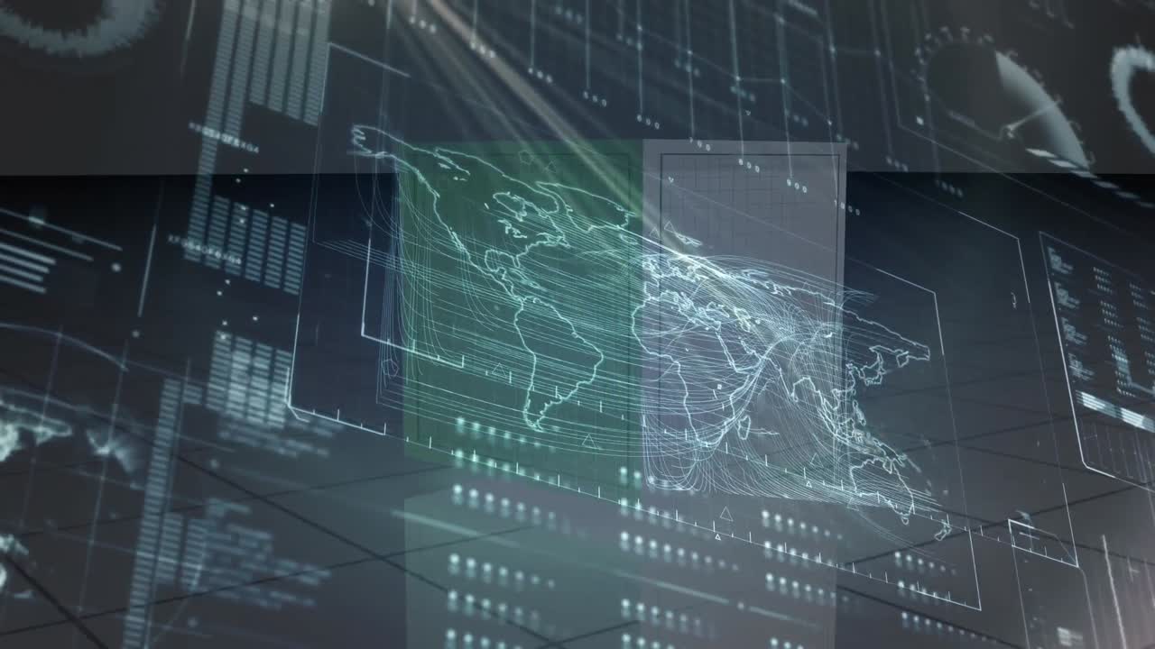 Animation of diverse data, graphs and world map on green screen