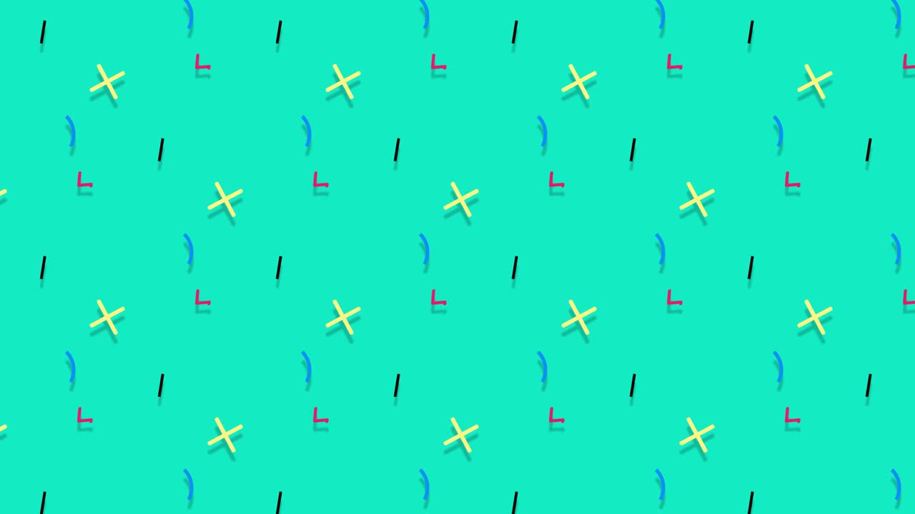 Retro abstract 80's 90's design pattern background. Neon style with geometrical shapes of different vintage colors. Seamless loop 4k pop art design