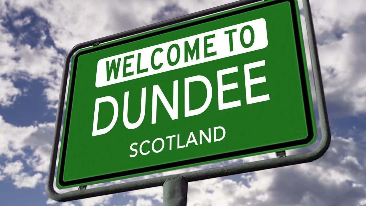 던디, 스코틀랜드, 영국 도시 도로 표지판, 현실적인 3d 애니메이션