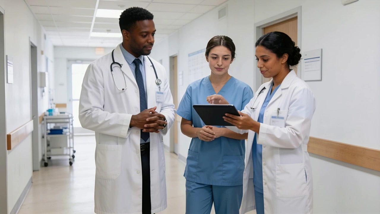 Speaking doctor guiding team in lab coats and scrubs consulting patient info on tablet in corridor
