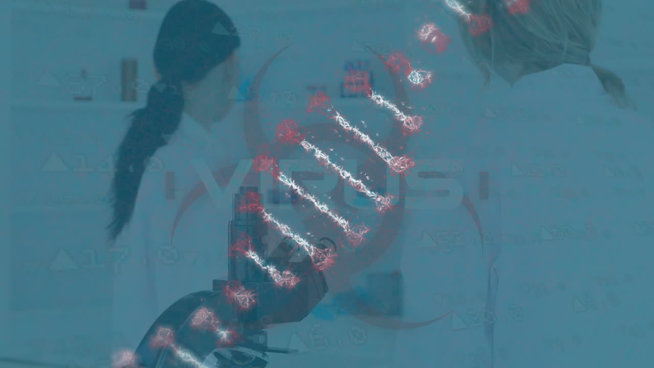 Animation of dna over caucasian female lab workers using microscope