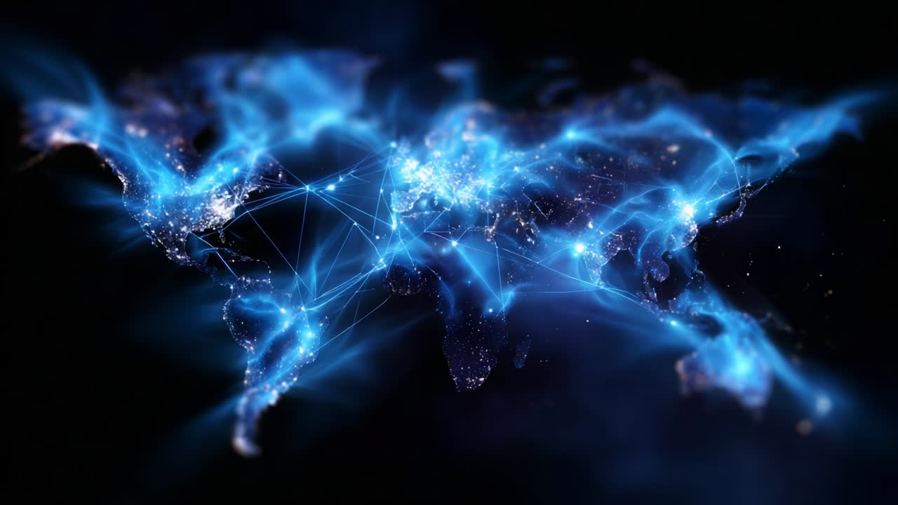 Uma representação visual impressionante de um mapa-múndi com tecnologia avançada, mostrando redes complexas de conexões brilhantes e fluxos de dados digitais entre os continentes, tendo como plano de fundo um cenário cósmico profundo