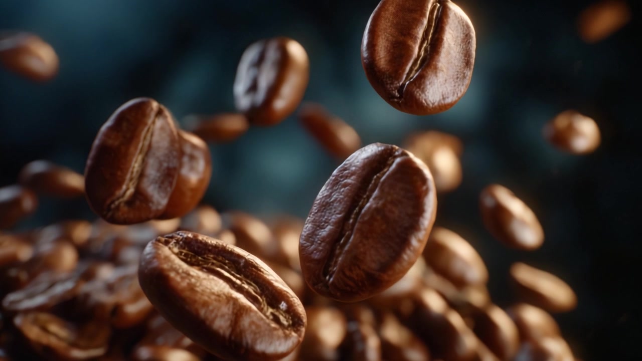 Fængslende filmisk udforskning af kaffebønner i luften, der fremviser deres rige farve, tekstur og uimodståelige aroma for kaffeentusiaster og -elskere