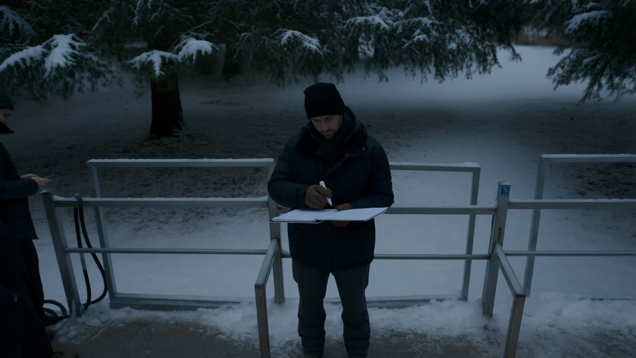 Man Writing in Notebook in Snowy Winter Landscape