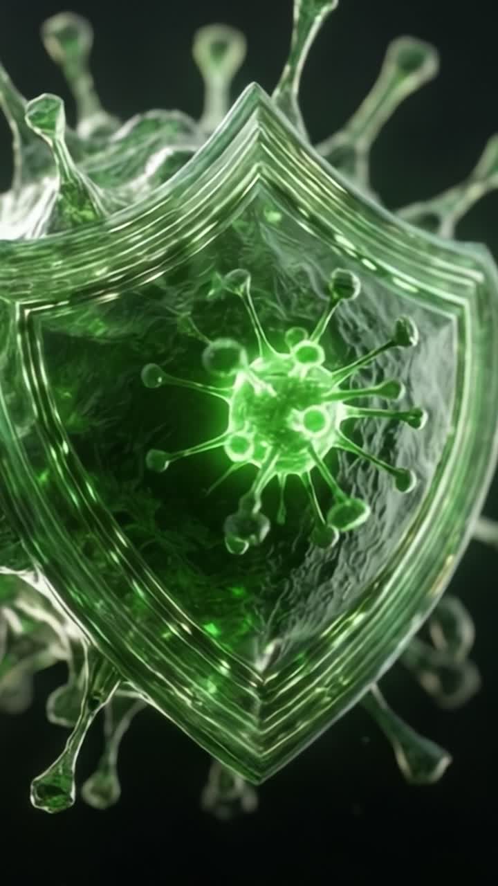 Dynamic Green Shield with Viral Structure: A Visual Representation of Protection Against Microbial Threats in a Futuristic Imagery