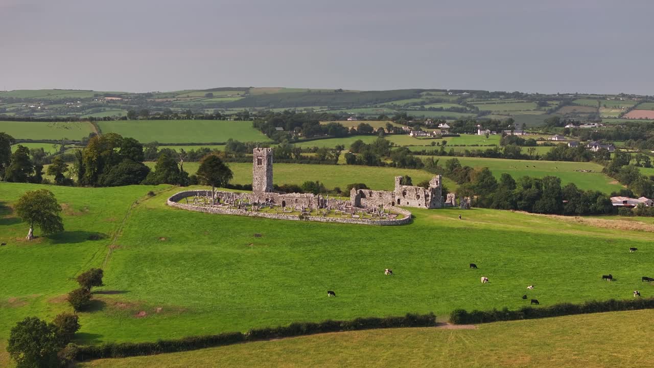 Slane Abbey aerial dolly zoom, Hill of Slane, Co. Meath, Ireland. Religious historic site