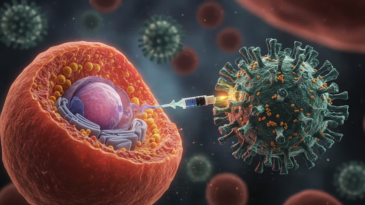 Dynamic Interaction Between a Virus and a Cell Illustrated Through Advanced Visualization Technique, Capturing the Intricate Process of Viral Infection and Injection