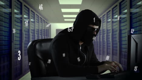 animación de números flotantes e iconos sobre el hombre caucásico usando computadora