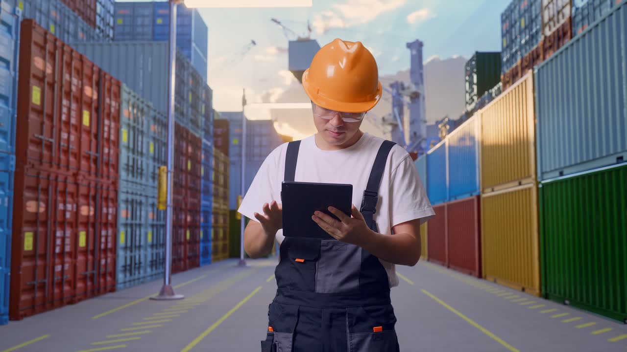 Asian Man Worker Wearing Goggles And Safety Helmet Using A Tablet While Standing At Container Yard Warehouse