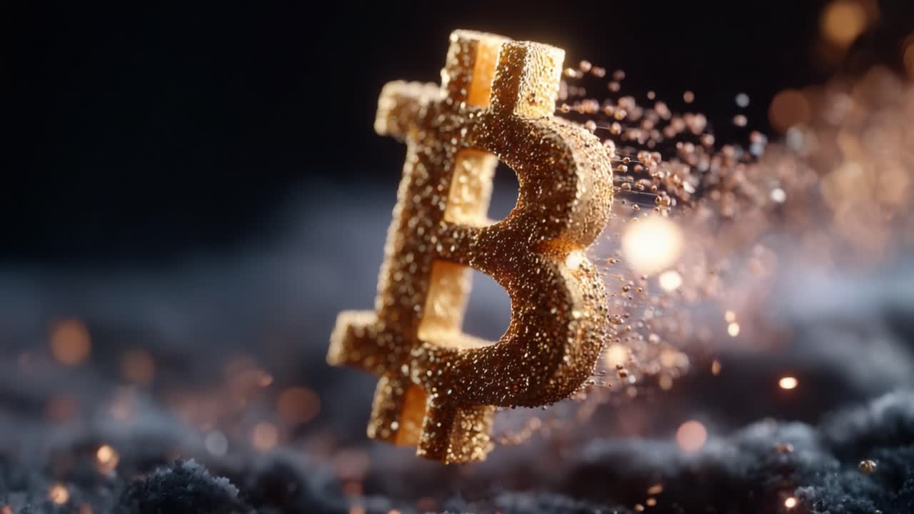 Dynamic Bitcoin Symbol Floating Among Sparks and Particles, Capturing the Essence of Cryptocurrency Innovation and Digital Finances in a Captivating Visual Representation