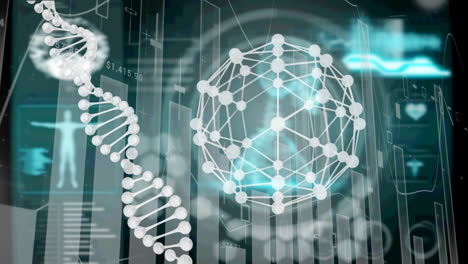 dna structure and globe spinning over statistical data processing against medical data processing