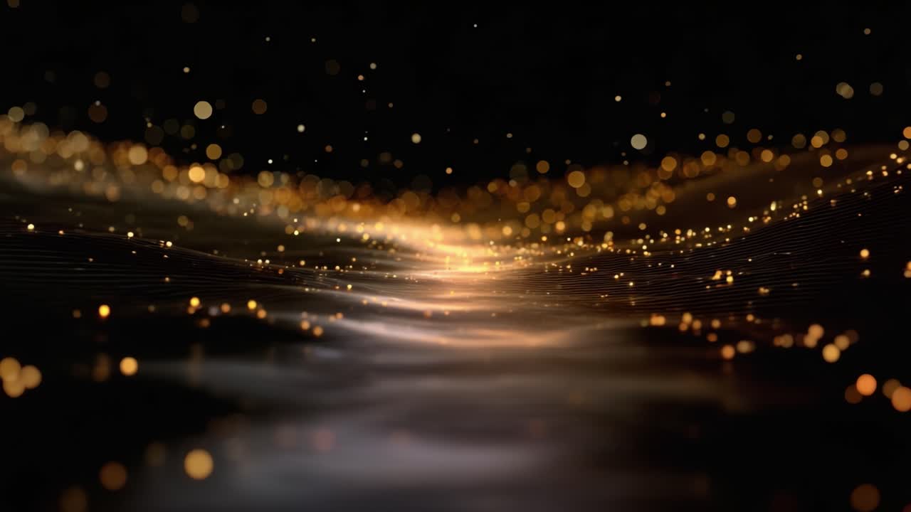 Un flusso ipnotico di particelle di luce dorata danza nel vuoto oscuro, creando uno spettacolo visivo incantevole che cattura i sensi e accende l'immaginazione
