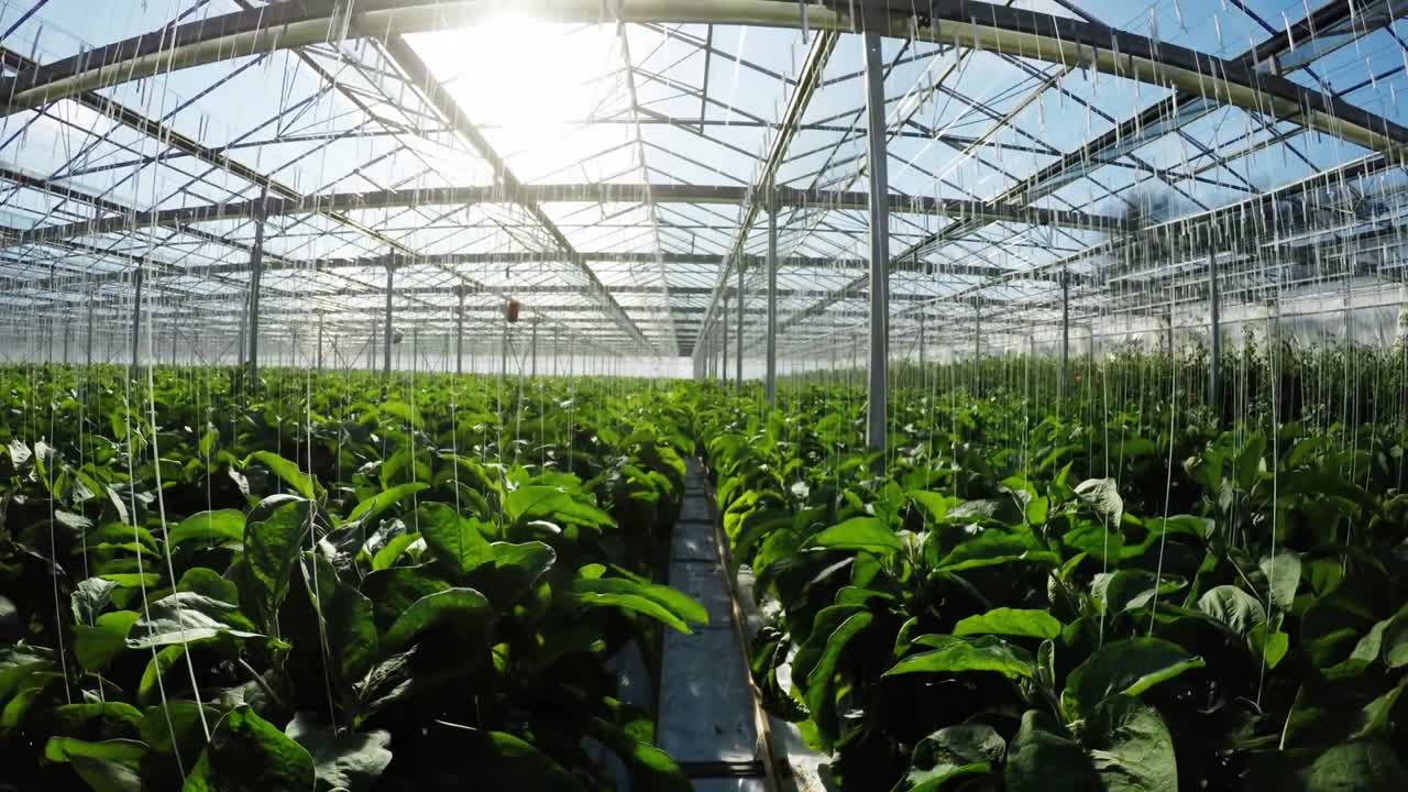 fila de plantas verdes en el invernadero 4k