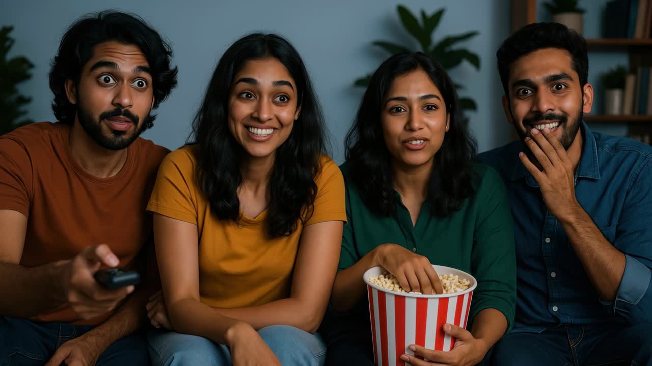 Un gruppo di amici seduti su un divano che guarda un video, con popcorn.