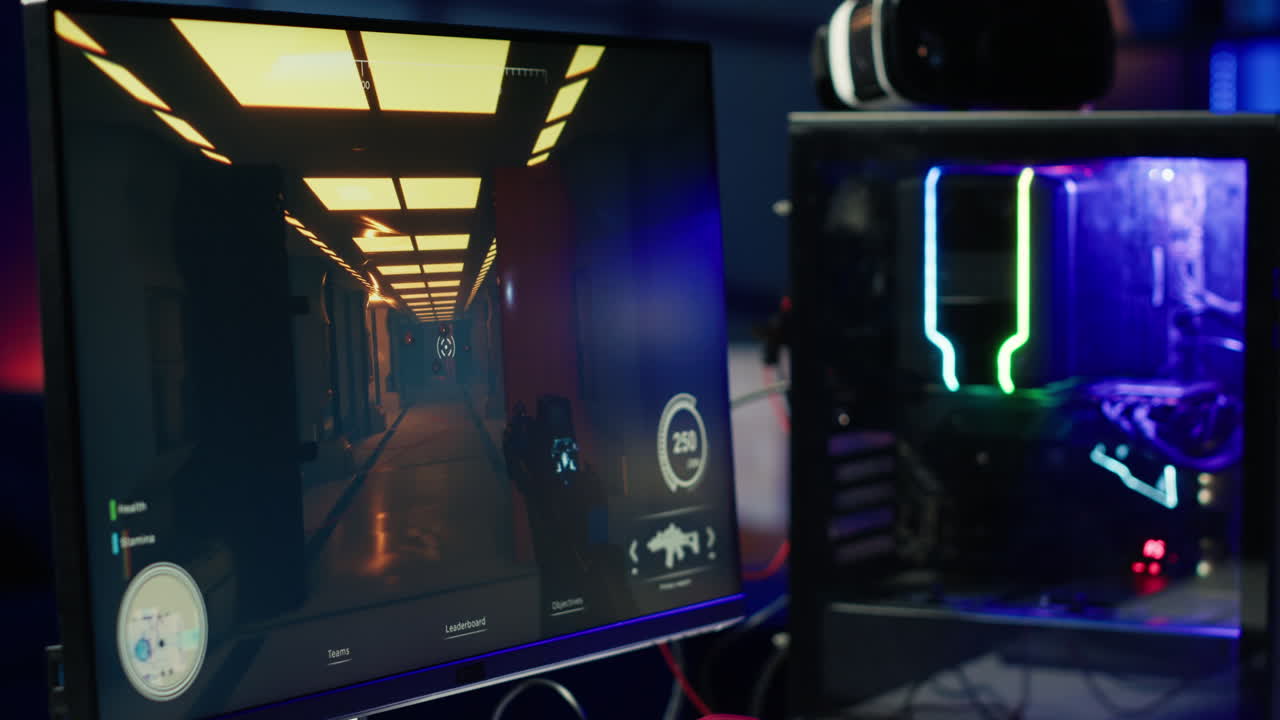 1인칭 슈팅 게임을 보여주는 컴퓨터 화면이 밤에 열려 있습니다.