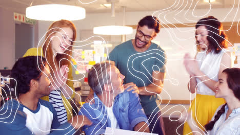 Animation-of-isohypses-over-diverse-male-and-female-business-colleagues-clapping-hands-in-office