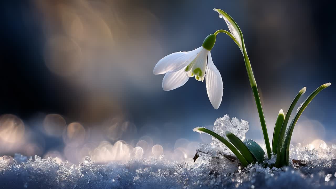 A Snowdrop Flower Emerges Through Glimmering Snow: A Beautiful Display of Nature's Resilience and Beauty Captured in a Serene Winter Scene Showcasing Delicate Petals and Frosty Surroundings