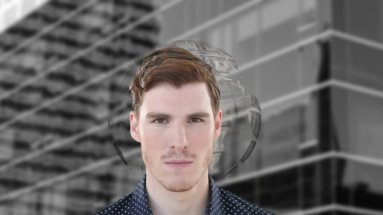 анимация глобуса сформирована с американскими долларами над кавказским бизнесменом