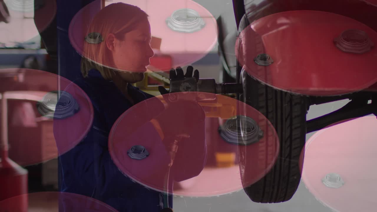 로커 위의 백인 여성 자동차 메카닉의 애니메이션