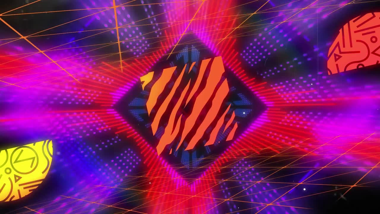 animazione di forme astratte contro il tunnel al neon in un disegno senza cuciture su sfondo nero.