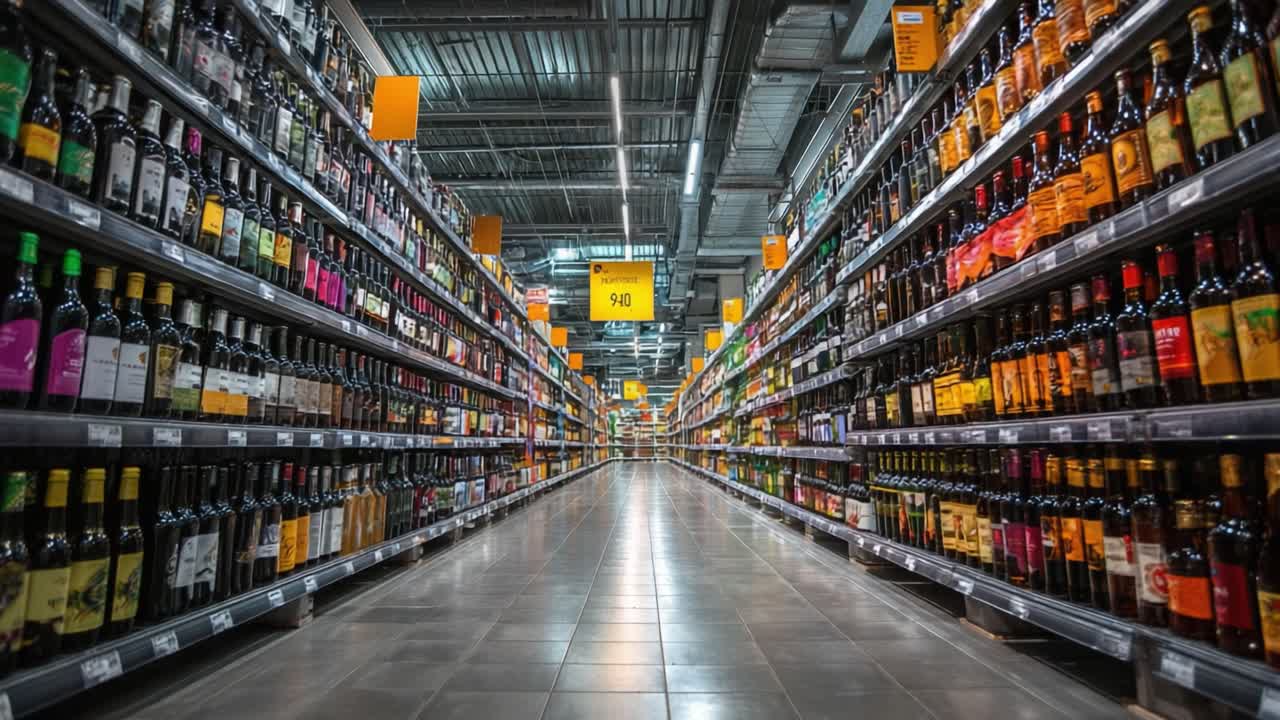 A Wide-Angle View of a Supermarket Aisle Filled with Rows of Colorful Wine and Alcoholic Beverages in Bottles, Showcasing a Diverse Selection for Shoppers