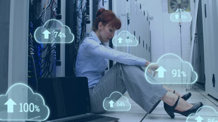 Animation of cloud icons with growing numbers over caucasian woman in server room