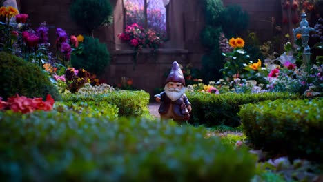 garden gnome in a floral garden