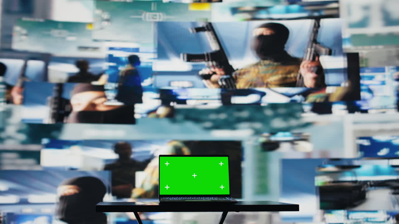 Green screen on laptop next to military satellite imagery of enemy forces