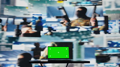 green screen on laptop next to military satellite imagery of enemy forces