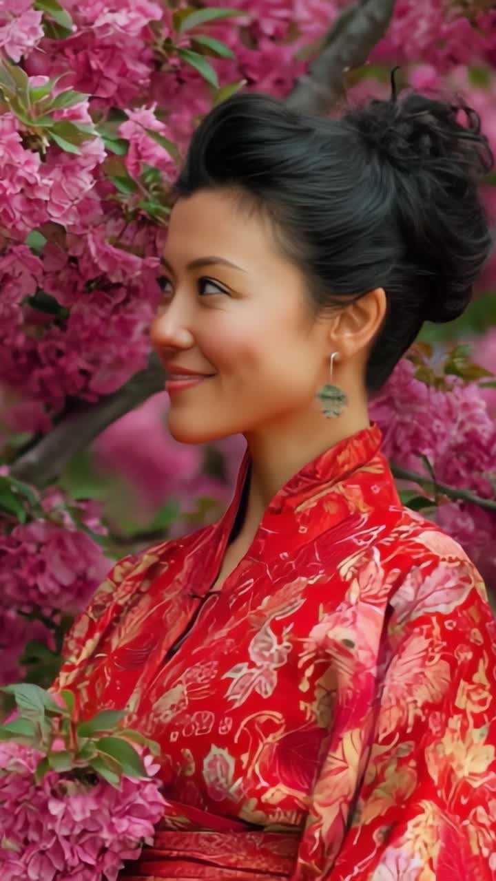 Un elegante ritratto di una donna vestita con abiti tradizionali in mezzo a un giardino fiorito, catturando l'essenza della bellezza naturale e del patrimonio culturale