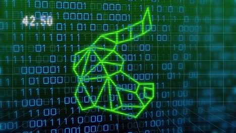 Animation-of-binary-code-and-bull-head-on-green-background