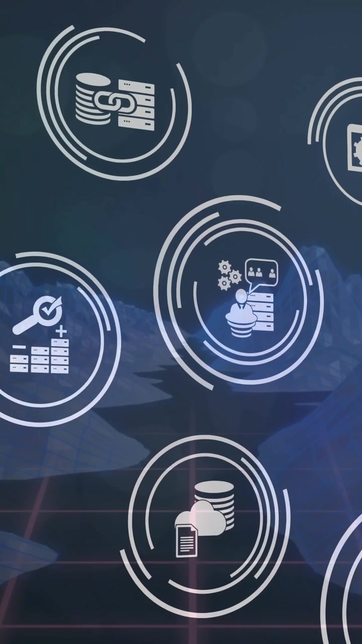 Animation of circular scanners processing over business and data icons over dark digital landscape