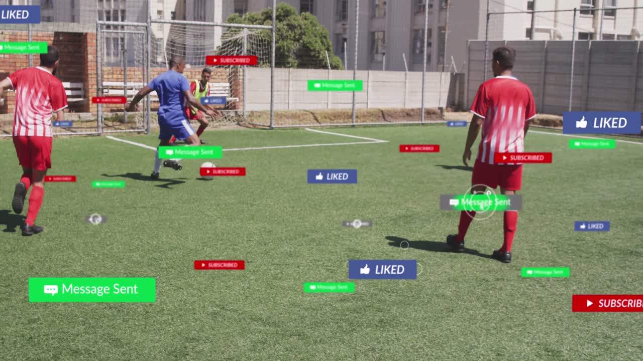 스포츠 경기장에서 축구를 하는 다양한 남성 축구 선수들의 팀에 대한 소셜 미디어 컨셉 아이콘