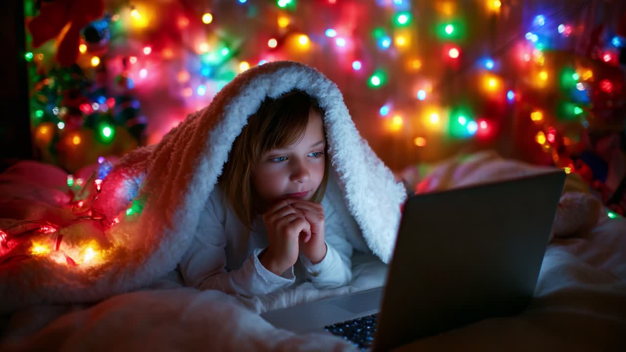 Cozy Evening with Twinkling Lights: A Child Wrapped in a Blanket Engrossed in a Laptop, Surrounded by Colorful Holiday Lights, Capturing a Warm and Magical Atmosphere