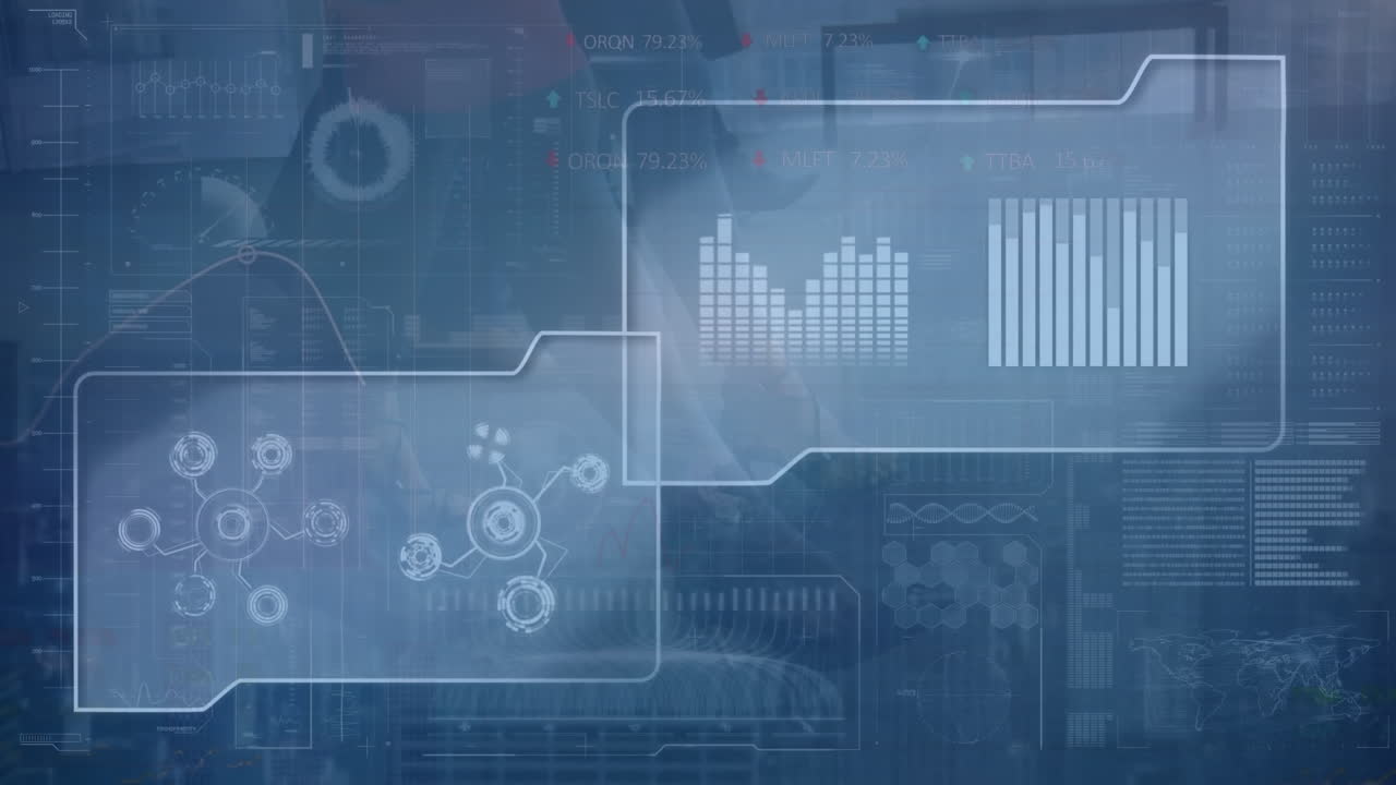Animation of graphs, dna helix over trading board, low section of businesspeople walking in office