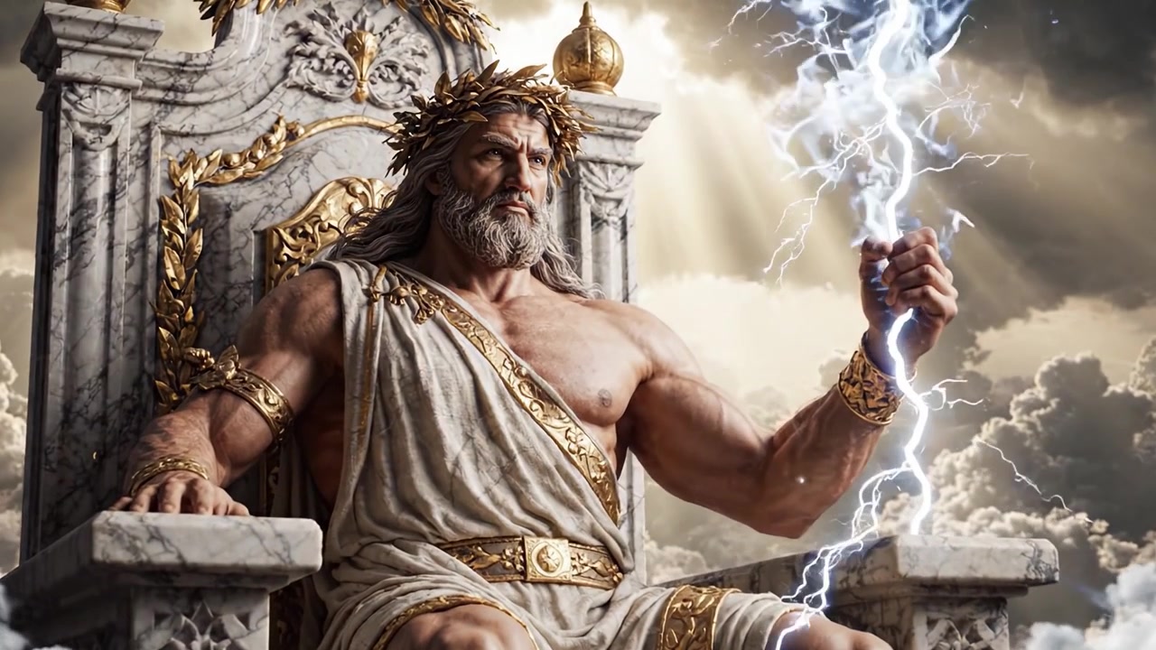 Divindade Majestosa Sentada em um Grande Trono, Exalando Poder e Sabedoria, Empunhando um Raio com Nuvens Magníficas e Raios de Luz Iluminando a Cena