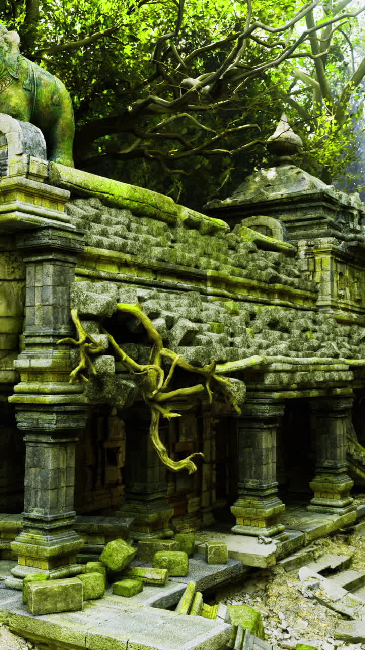 Ancient temple ruins surrounded by lush greenery at dawn