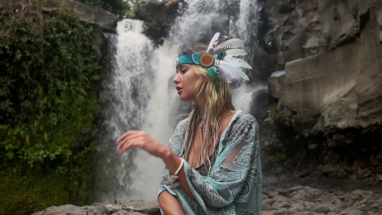 mujer con tocado tribal en una cascada