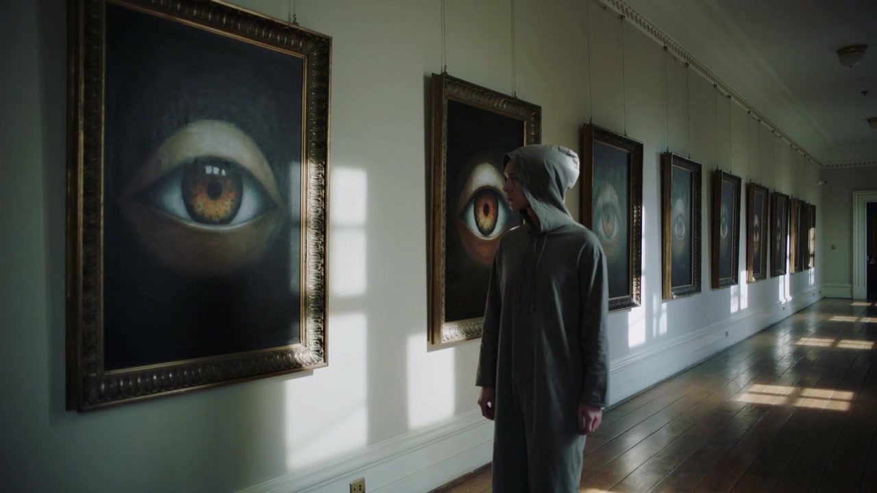 Guardando un'opera d'arte raffigurante occhi, un uomo con una tunica grigia con cappuccio cammina in un corridoio, si ferma, studiando gli occhi incorniciati.