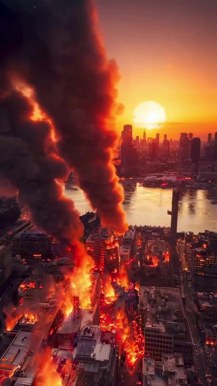 Vista aerea di edifici cittadini avvolti dalle fiamme al tramonto