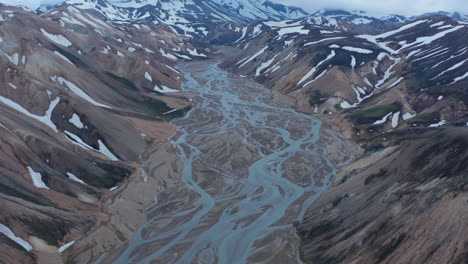 Drone-view-of-Thórsmörk-valley-with-mountains-canyon-and-river-in-Iceland,-Þórsmörk.-This-valley-is-named-after-the-Norse-God-of-Thunder-Thor,-Þór-in-Icelandic