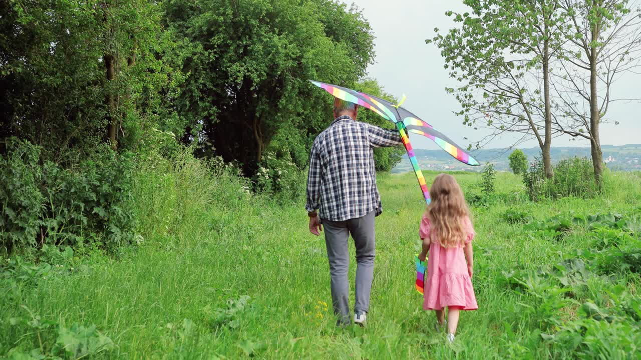 vista trasera del anciano caucásico y su pequeña nieta jugando con una cometa en el parque en un día soleado