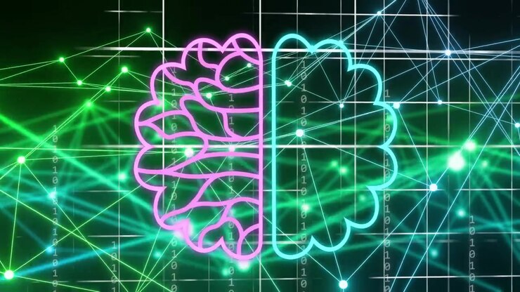 Magenta stroke appearing neon brain forming pink gyri cyan circuit linking chip visualizing data