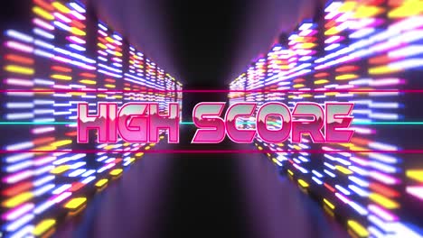 Animation-of-high-score-text-between-lines-over-multicolored-lines-against-abstract-background